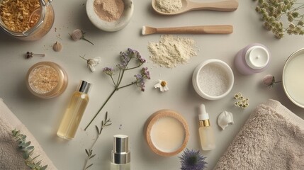 Elevated view of holistic beauty essentials