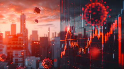 Fototapeta premium World stock charts decline due to outbreak of coronavirus COVID-19 shutdown. World economic concept, business. Main figures on city background.
