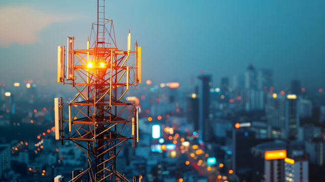 
Telecommunication tower with 5G cellular network antenna on city background, Global connection and internet network concept
