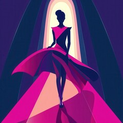 Elegant abstract illustration of a woman in a flowing pink dress walking on a runway. Fashion and style concept art.