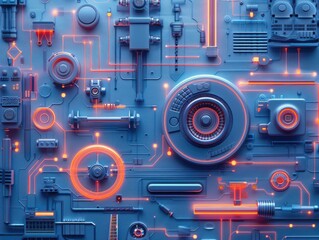 Futuristic blue and orange circuit board with intricate details, glowing lights, and complex connections depicting advanced technology.