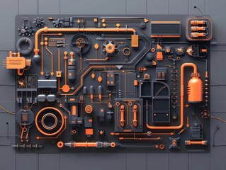 Fototapeta premium Futuristic circuit board with various electronic components and intricate pathways, showcasing modern technology and industrial design.