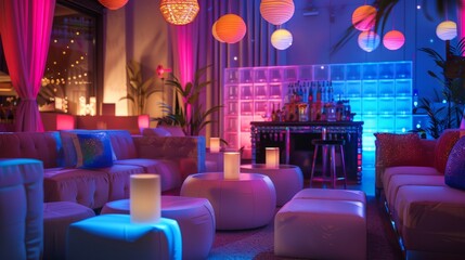 A brightly lit room with a lot of white furniture and colorful lights. The mood of the room is lively and energetic