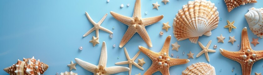 Seaside holiday theme starfish ornaments, flat design, top view, animation style, Monochromatic colors