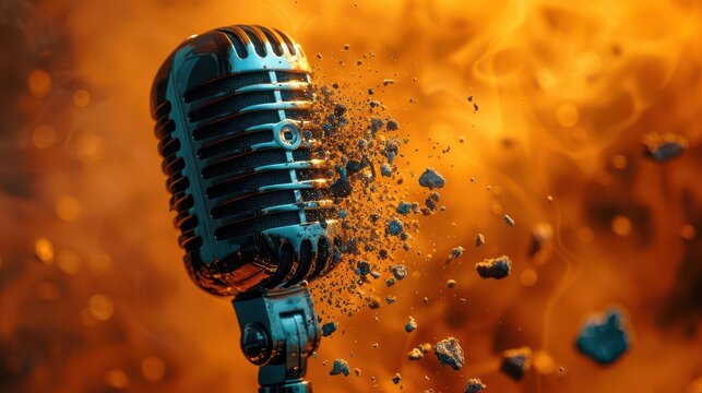 Retro microphone shattering into pieces against a vibrant orange background