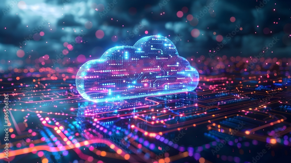 Poster futuristic cloud infrastructure visualization with compute storage and networking capabilities