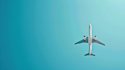 A minimalist image of a sleek airplane flying against a clear blue sky, emphasizing air travel and aviation. 