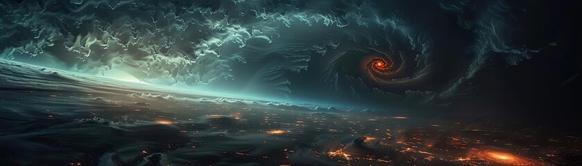 Abstract digital art of an apocalyptic landscape with swirling storm clouds and glowing red vortex above a city at night.