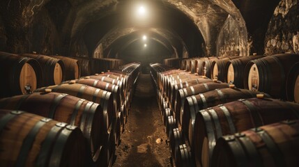 Forgotten winery, rows of vintage barrels, dim light creating long shadows, air thick with history, waiting to be discovered