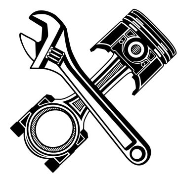 crossed wrench and piston engine icon. repair service logo design vector illlustration
