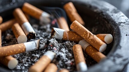 Discarded cigarette butts in an ashtray, crushed with determination to quit smoking, focus on textures and raw elements