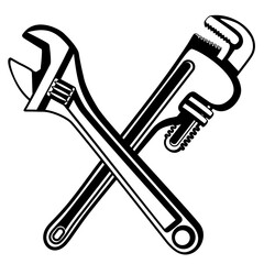 Adjustable pipe wrench crossed icon. plumbing service logo design vector illustration