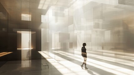 Abstract scene of a solitary figure in a sunlit, geometric architectural space with reflections and shadows, evoking a sense of modern minimalism.