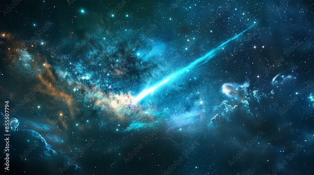 Wall mural ethereal meteor turquoise creating a luminous path through a galaxy filled with stars and nebulae