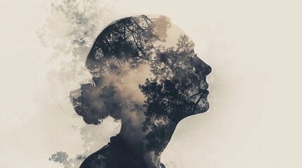 Double exposure silhouette of a woman's profile with a forest landscape, blending nature and human elements artistically.
