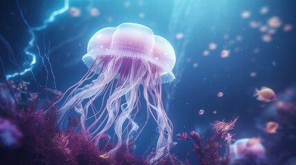 Fototapeta premium A mesmerizing underwater scene featuring a vibrant jellyfish gracefully floating among colorful corals and small fish.