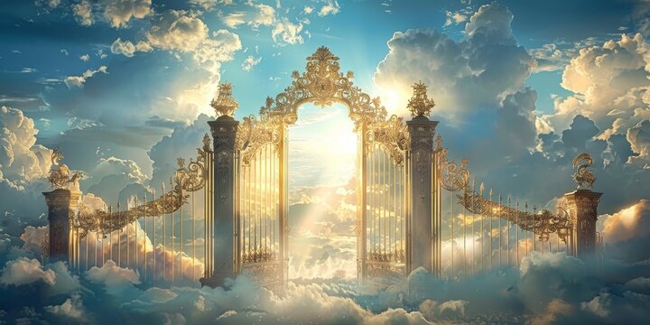 The golden gates of heaven in the sky, with clouds and bright light shining through them. The gate is adorned with gold accents and intricate designs, surrounded by ethereal blue skies