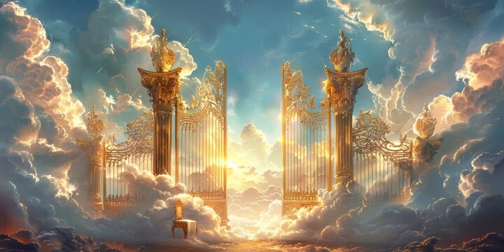 The golden gates of heaven in the sky, with clouds and bright light shining through them. The gate is adorned with gold accents and intricate designs, surrounded by ethereal blue skies