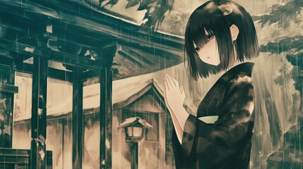 喪服を着た女性、日本の仏寺19