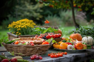 A rustic outdoor farm table adorned with fresh fruits and vegetables, baskets, and fall decorations captured in vibrant colors.