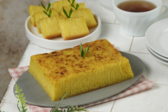 Bika ambon,Indonesian honeycomb cake.Popular from Medan, Indonesia.golden cake or golden kuih bingka in Singapore