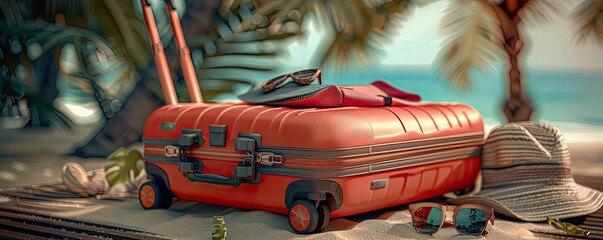 A vibrant red suitcase, hat, and sunglasses on a tropical beach with palm trees, perfect vacation vibe under the sun.