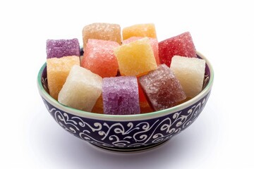 A decorative bowl filled with colorful sugar-coated fruit jelly candies, captured against a white background. Perfect for sweet-themed designs.