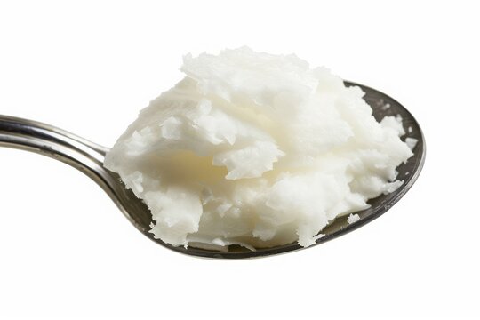 Close-up of a spoonful of white solid cooking fat, isolated on a white background, suitable for food and culinary themes.