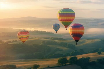 Fototapeta premium Colorful hot air balloons floating over a scenic landscape with rolling hills and a dreamy sunrise in the background.