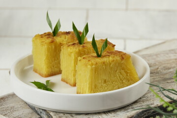 Bika ambon,Indonesian honeycomb cake.Popular from Medan, Indonesia.golden cake or golden kuih bingka in Singapore