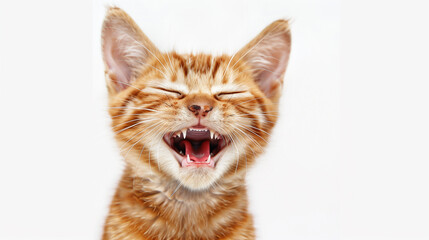 Laughing Ginger Tabby Kitten: An Adorably Funny Close-up Portrait Capturing the Joyful Expression and Playful Energy of a Happy Feline on a White Background. Image made using Generative AI