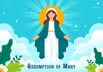 Assumption of Mary Christian Vector Illustration Featuring the Feast of the Blessed Virgin with Doves and Angels in Heaven in a Flat Background