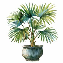 Obraz premium Tropical Watercolor Illustration of Fan Palm (Licuala) Plant in Pot on White Background