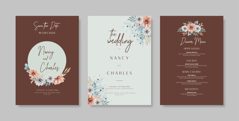 Beautiful wedding invitation template with floral watercolor