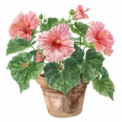 Fototapeta premium Vibrant Watercolor Illustration of Sea Hibiscus Plant in Pot on White Background
