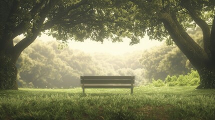 Fototapeta premium A serene park scene with a wooden bench under large trees, set against a backdrop of lush greenery and soft, natural sunlight.