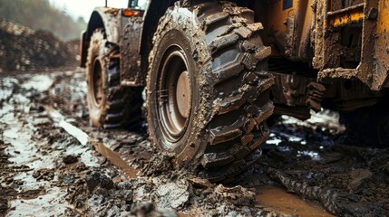 Fototapeta premium Large muddy wheels of a loader, detailed soil texture, road construction equipment, close-up