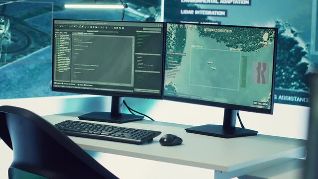 Government anti terrorism control center equipped with a big display and radar surveillance on satellite cctv system used for national reconnaissance. Empty military command space.