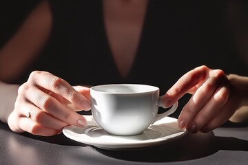 close up of two hands holding coffee cup with white saucer on the table, dark background, high contrast, black and white photography, shadow play, minimalism