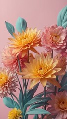 Obraz premium A close-up shot of a vibrant bouquet of pastel-colored flowers on a pink background, old film style