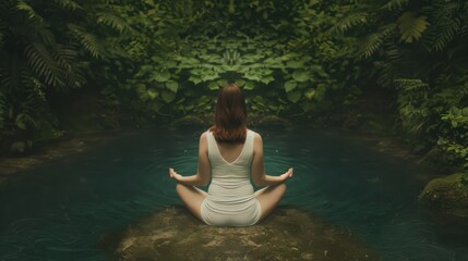 Fototapeta premium Woman meditating by a serene, natural pool in the forest, surrounded by lush greenery. Peaceful and tranquil scene promoting mindfulness.