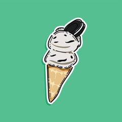 cookies and cream, chocolate milk ice cream cone isolated in a green background vector illustration design