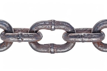Obraz premium A close-up image of a sturdy, weathered metal chain link against a white background. This image symbolizes strength and connection.