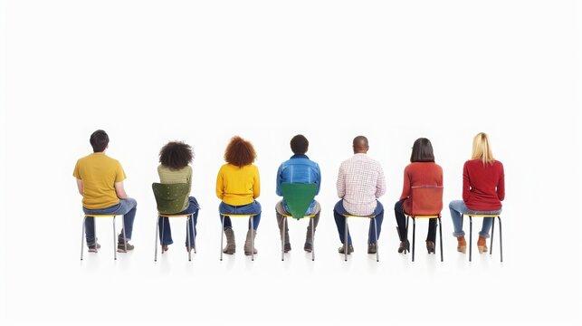 A diverse group of people sitting on chairs viewed from behind with a white background, symbolizing unity and diversity.