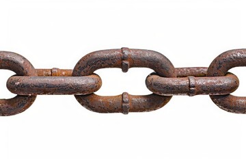 Obraz premium Close-up of a rusty metal chain isolated on a white background, symbolizing strength, connection, and durability.
