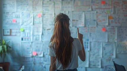 A young professional stands in front of a whiteboard covered in flowcharts and notes. She points to a specific section, explaining her project plan to colleagues who listen attentively. The office