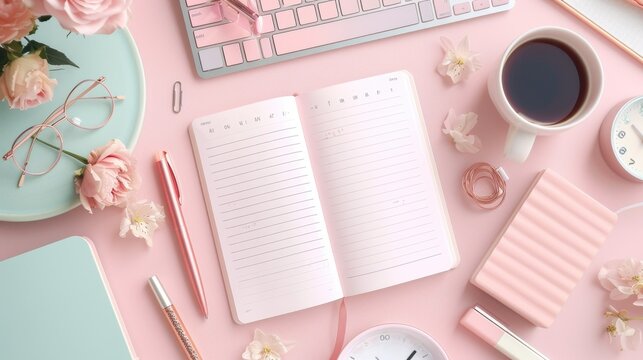 A top-down view of a desk featuring a bullet journal, pens, and other stationery items. The journal is open to a page with a detailed weekly plan, including tasks, appointments, and notes. The scene