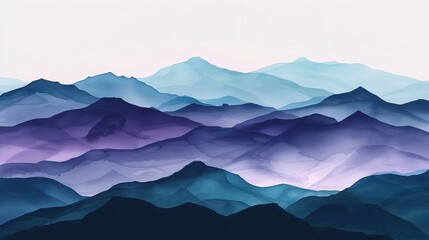 Serene watercolor landscape layered mountains shades blue purple, creating calming peaceful scenery.