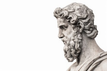 Side profile of an ancient Roman or Greek marble statue against a plain white background, showcasing intricate facial details and curly beard.