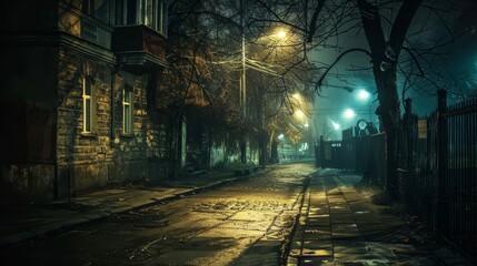 Fototapeta premium Quiet, dark nighttime scene of a grungy street with vintage elements, obscured visibility, eerie and mysterious